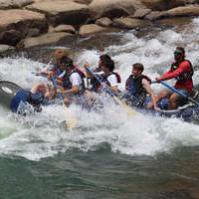 a group of people riding skis on a body of water