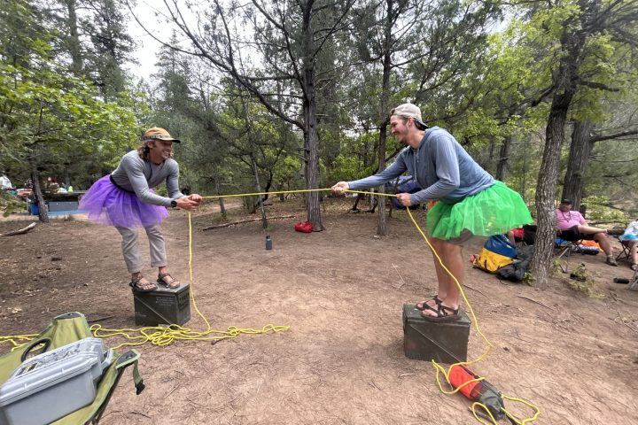 a group of people in a forest